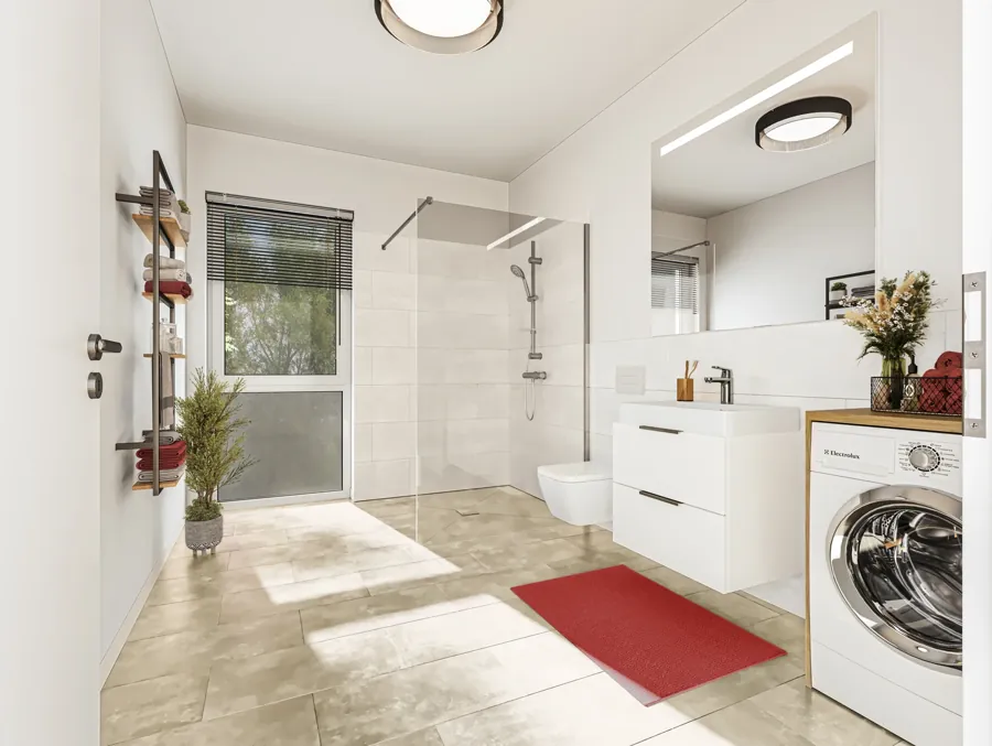 Badvisualisierung mit bodengleicher Dusche und großzügigen Bewegungsflächen