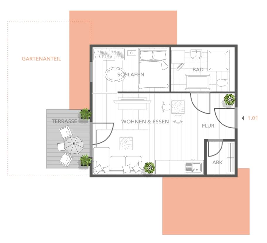 Originalgrundriss Wohnungstyp 15A mit Terrasse und Gartenanteil